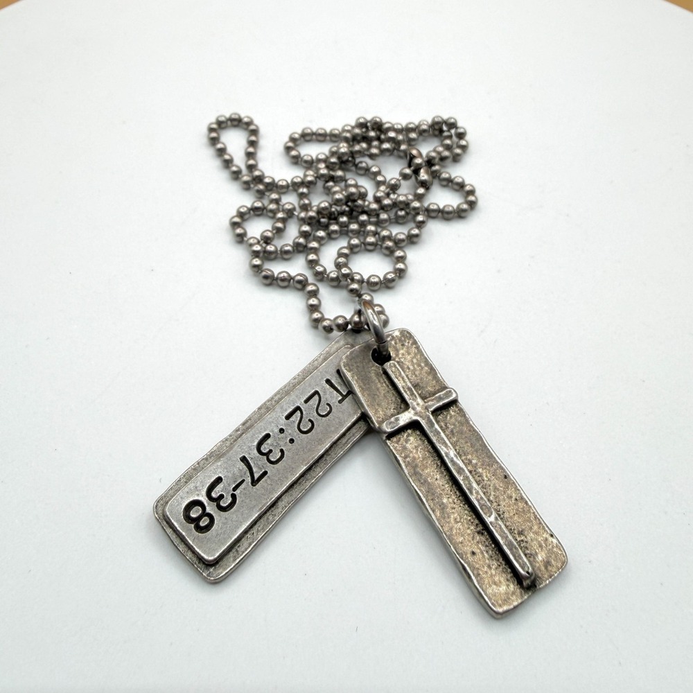Silver Tone Cross Bible Verse Dog Tag Pendant Ball Chain Christian Necklace Gift